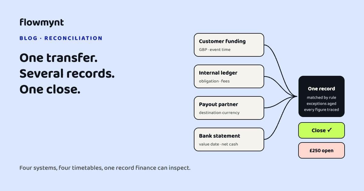One transfer, four records: customer funding, internal ledger, payout partner settlement and bank statement, matched into one reconciliation record.